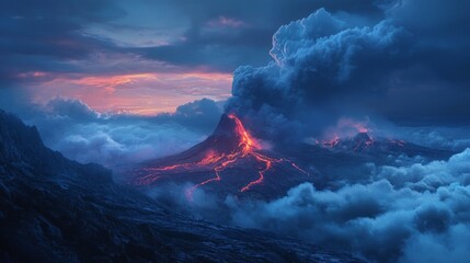 Fototapeta premium Erupting volcano at dusk with flowing lava and illuminated clouds in a dramatic landscape