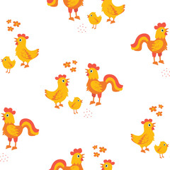 Colorful farmyard poultry pattern with chickens and roosters on a white background