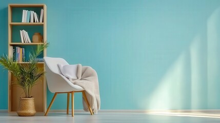 Obraz premium Reading nook with a small bookshelf, blanket, and chair, pastel background