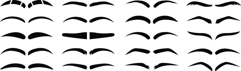 Set of eyebrows icons in black flat styles. Fashion eyebrow perfectly shapes vectors illustration. Permanent make up and tattooing. Cosmetic for eyebrows elements isolated on transparent background.