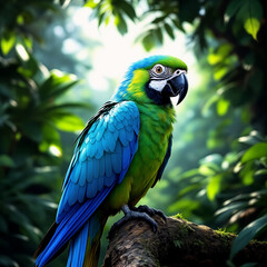 Obraz premium Green Macaw Parrot in Lush Foliage