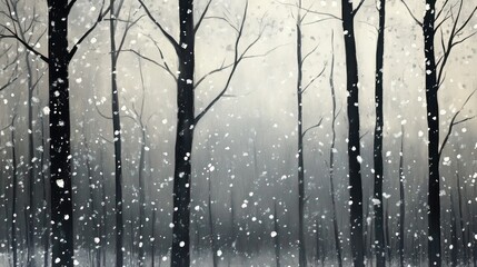 Snowy forest landscape with falling snowflakes.