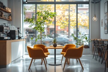 Modern dining area with vibrant orange chairs and a sunlit table