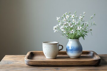 Fototapeta premium Simple breakfast setting with a ceramic mug and fresh flowers