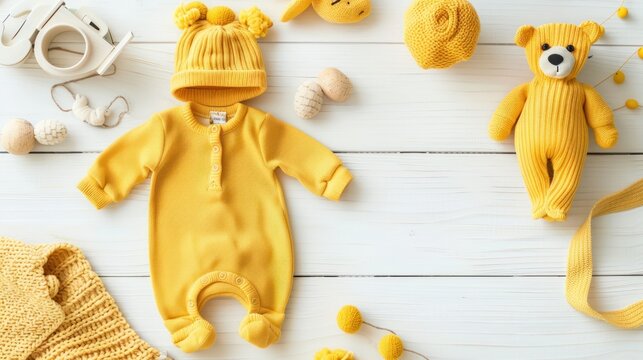 Newborn baby boy set - yellow clothes as bodysuit, AI generated image