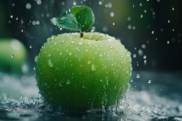 Closeup of a fresh green apple with dew drops