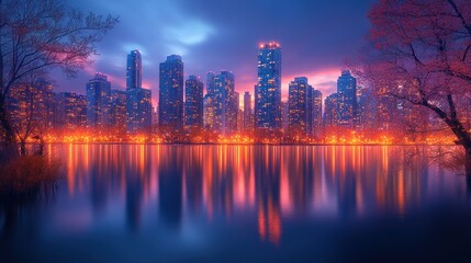 Obraz premium City skyline reflected in calm water at sunset, illuminated skyscrapers and trees.