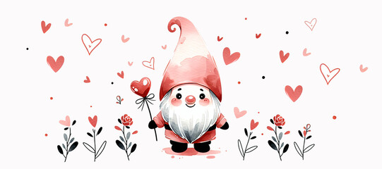 Watercolor illustration for Valentine's Day with a cute watercolor gnome and hearts