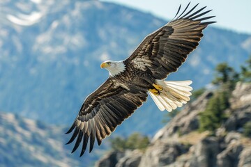 Obraz premium Eagle soaring over mountain landscape under bright sky