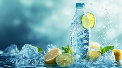 Mineral water with lemon in plastic bottle. Vector realistic brand poster with cold drinking aqua with lime juice on wavy water surface and ice cubes. Promo banner, advertising background