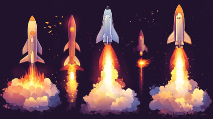 Trail of rocket or shuttle launch with fire and smoke. Cartoon comic vector illustration set of explosion or blast flame and steam trace. Speed aircraft light burst and fog or vapor track tail.