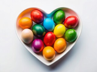 Colorful Easter Eggs in Heart-Shaped Plate - Spring Festive Flat Lay