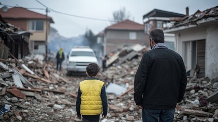 Fototapeta premium Father and son walking through earthquake aftermath in urban street