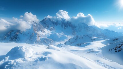 Obraz premium Stunning Wide Shot Photo: Majestic Snow-Capped Mountains Gleaming Under a Bright Sunny Sky. AI Generated