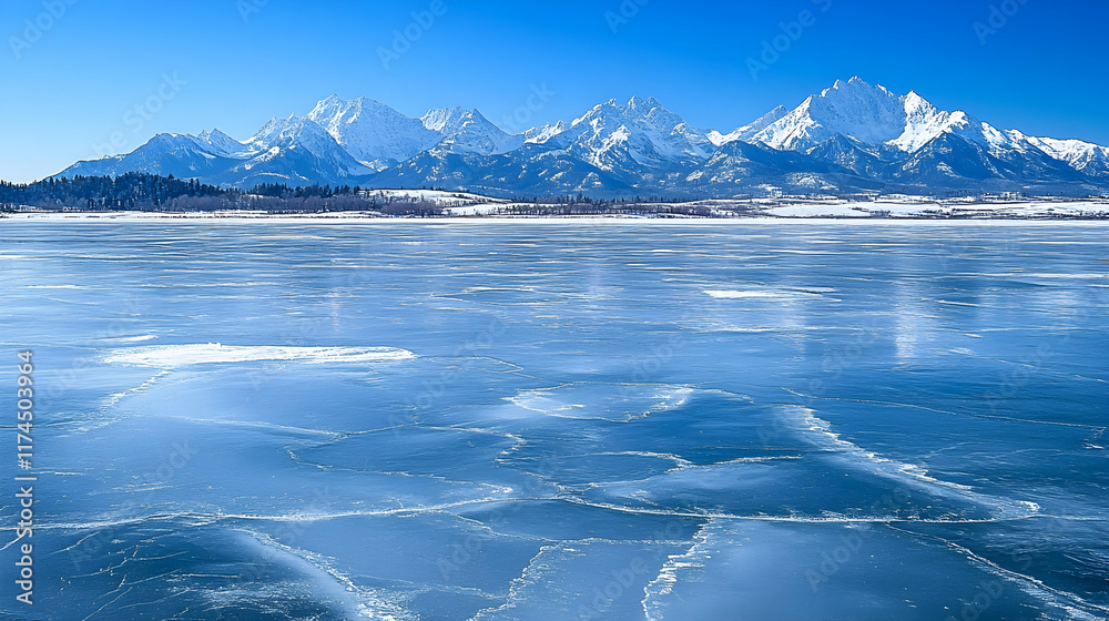 Wall mural Frozen lake reflecting snowcapped mountains under a clear blue sky