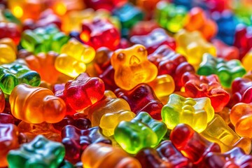 Colorful Gelatin Gummy Bears Candy on Clear Background - Stock Photo