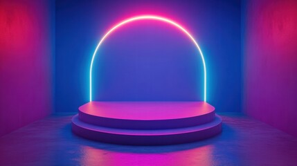 Modern 3D podium in an empty space, illuminated by vibrant neon lights.