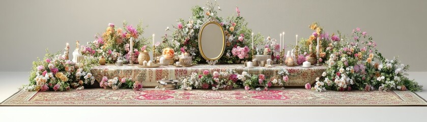 A beautifully arranged table with flowers, candles, and decorative items for a special occasion.