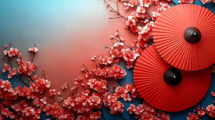 Elegant Red Parasol and Cherry Blossom Background Design