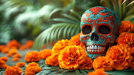 Colorful Sugar Skull Surrounded by Bright Orange Marigolds and Foliage