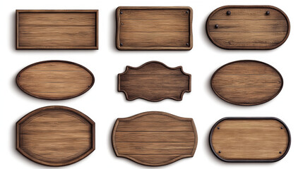 Wood texture sign board vector realistic banner set. Isolated rustic farm or saloon frame design. Empty signboard plaque template with nail, collection for menu or message. Brown oval signage