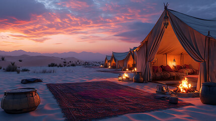 Cozy Desert Camp at Sunset with Tents and Warm Firelight
