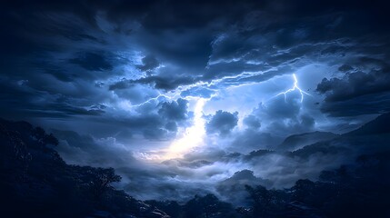 Obraz premium A dramatic stormy landscape illuminated by lightning against dark clouds and mist.