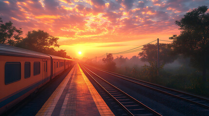 Scenic Sunset View with Train on the Railway track at Dusk