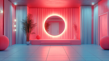 Modern Pink and Blue Interior Space with Neon Circular Mirror