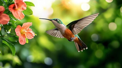 Obraz premium Hummingbird in Flight Near Vibrant Flowers in Natural Setting