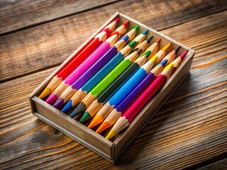 Naklejka premium Colorful Pencils in Wooden Box - Macro Photography Stock Photo