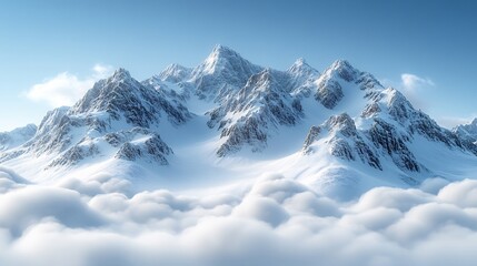 Obraz premium Stunning 3D Render: Majestic Snow-Capped Mountains Rising Above Serene Cloudscape. AI Generated