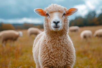 Fototapeta premium Cute lamb in a green field under a sunny blue sky