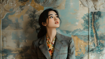 Woman in Plaid Jacket Against Painted Wall