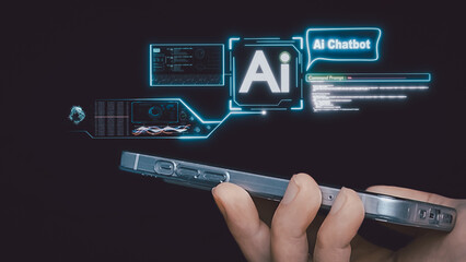 business man holding a mobile phone Showcasing technology from Artificial Intelligence,...