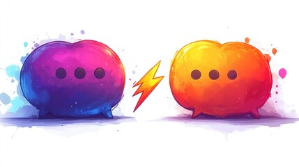Two colorful speech bubbles with a lightning bolt, symbolizing quick communication or a debate.