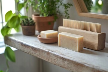 Natural handmade soap bars arranged on a rustic wooden tray