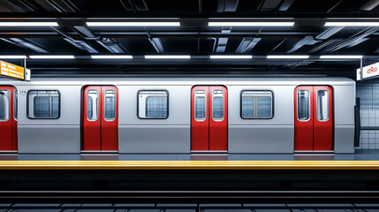 Subway door, metro train on empty station platform with tiled floor, underground carriage exterior with closed doorway and windows. Metropolitan railroad, railway. Realistic 3d vector illustration