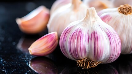Eco-friendly Gourmet Ingredient, Dramatic Garlic Cloves on Reflective Black Surface with Selective Focus