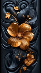 Golden flowers on dark textured background.