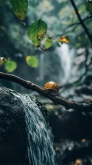 Snail on Branch near Waterfall in Forest