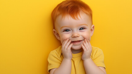 A white male toddler with blue eyes joyfully smiles for the camera in a studio
