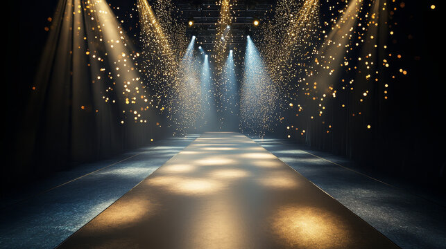 Fashion runway stage with golden spotlights and sparkles. Realistic 3d vector illustration of dark empty catwalk podium background. Abstract concert or night show studio corridor interior.