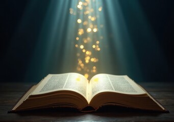 Open book with glowing light and sparkles in a dark environment