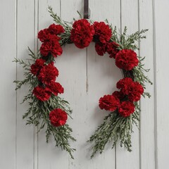 A wreath of red carnations hanging on a white wooden door.