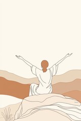 A minimal single line art of a woman perched on a rock overlooking a valley, arms raised in celebration of the open sky, embracing her freedom, hand-drawn style minimalist line art, beige colors 