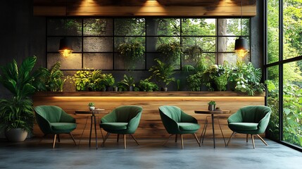 Obraz premium Serene Green Lounge: Vibrant 3D Render of a Lush Indoor Cafe. AI Generated