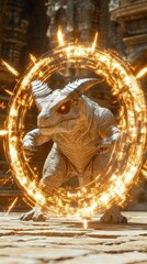 Fototapeta premium A fantastical creature stands in a glowing portal, exuding a magical aura.