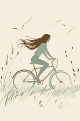A minimal single line art of a woman riding a bicycle through a field, laughing as her hair blows in the wind, hand-drawn style minimalist line art, beige colors and mint green tones, cream-colored