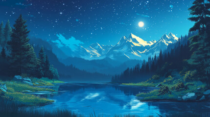 Mountain lake landscape in night background with moonlight. Blue starry sky on horizon with beautiful sparkle switzerland nature illustration. Peaceful alpine terrain wallpaper with pond shore